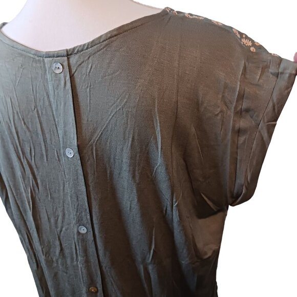 NEW Papermoon Floral V-neck Pleated Blouse, Faux Button-up Back Green M - Picture 4 of 10